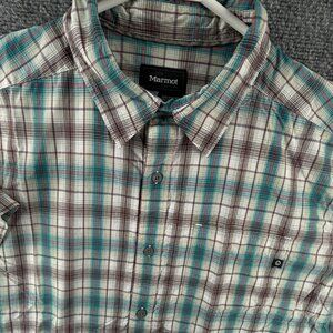 Marmot Short Sleeve Button Up Shirt Men Plaid Blue Red Outdoors Large Nylon